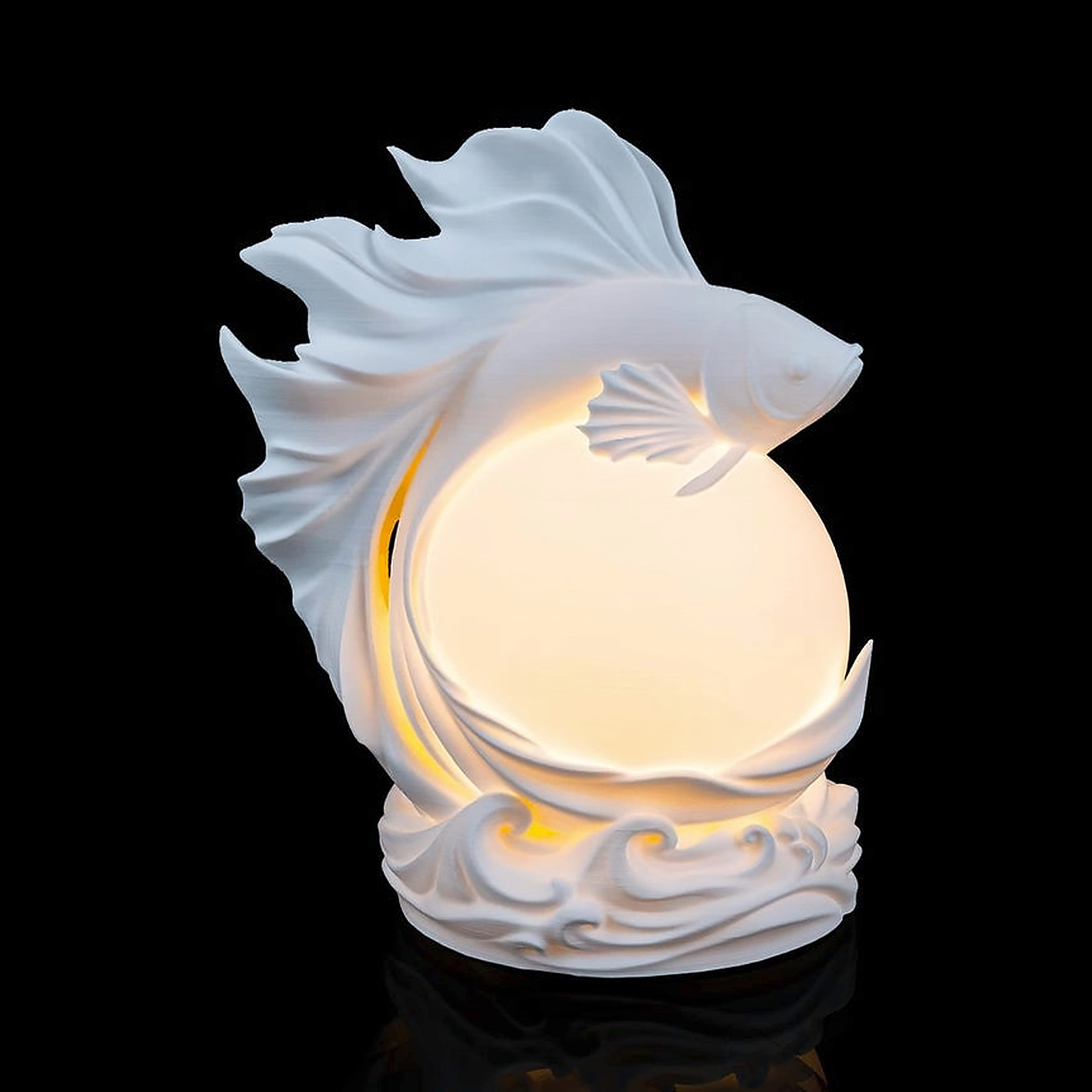 Betta sphere night light with a glowing orb and a red betta fish.